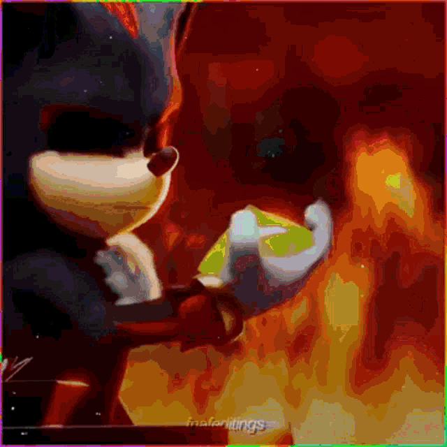 shadow the hedgehog is holding a green block in his hands in front of a fire .