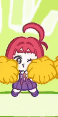 a cartoon girl with red hair and purple pants is cheering with yellow pom poms .