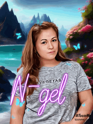 a woman wearing a t-shirt that says vegetab on it