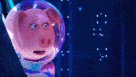 a pig in a space suit is floating in a bubble in a cartoon .