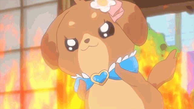 a cartoon character with a heart in its mouth stands in front of a window with flames coming out of it