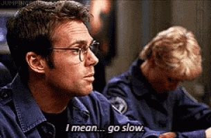 a man wearing glasses says " i mean go slow "