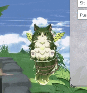 a green and white cat with wings is tied up in a field