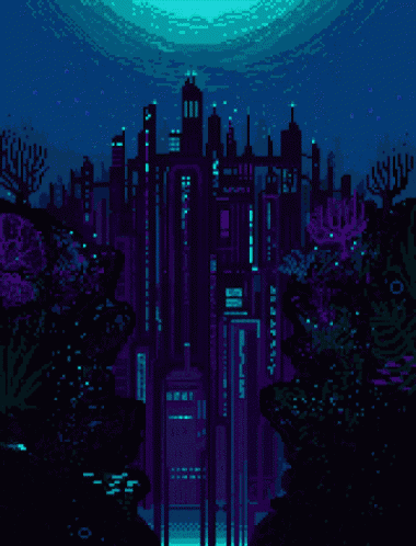 a pixel art of a city underwater with a purple building that says ' ii ' on the top