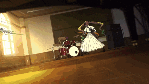 a girl in a white dress is playing a drum set