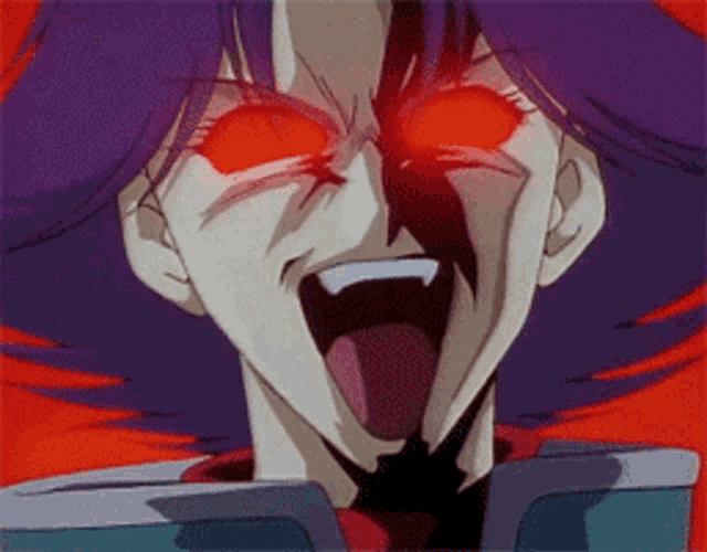 a cartoon character with purple hair has red eyes