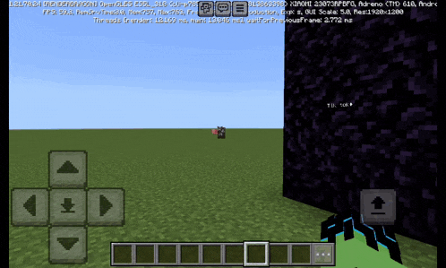 a screenshot of a minecraft game on a phone with a blue arrow pointing up