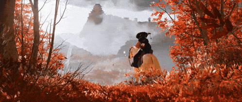 a painting of a woman standing in a forest with red leaves and a castle in the background