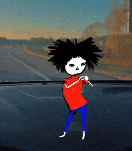 a drawing of a person with a red shirt and blue pants standing in front of a road
