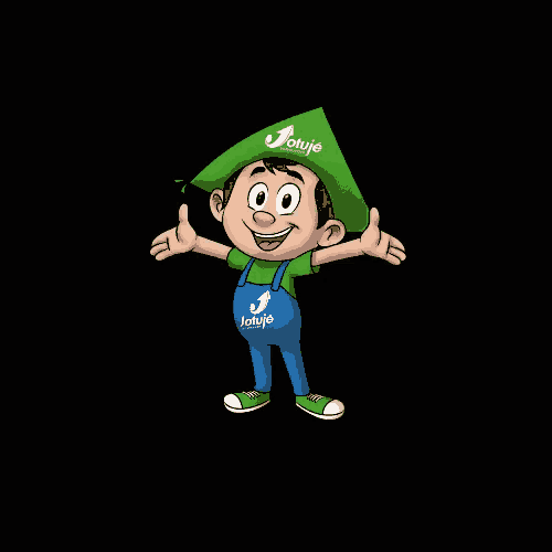 a cartoon character wearing overalls and a green hat that says jotuje
