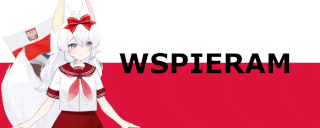 a girl with a fox tail is standing in front of a red and white banner that says wspieram