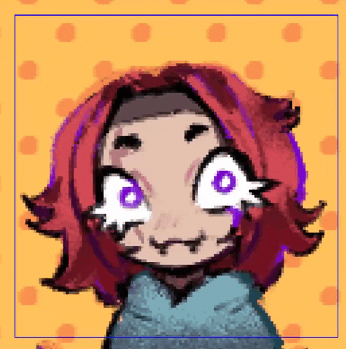 pixel art of a girl with red hair and purple eyes