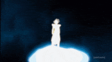 a cartoon character is standing in front of a starry sky and looking at something .