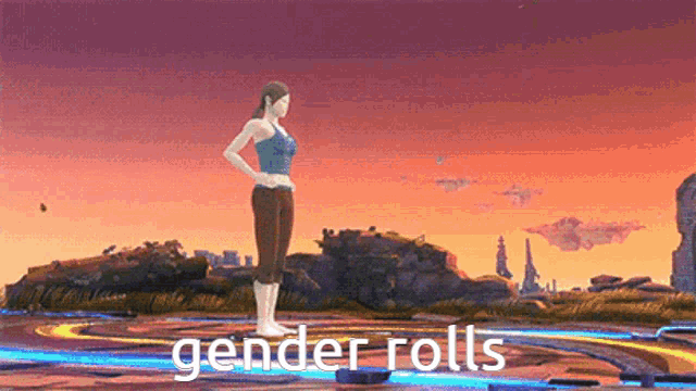 a cartoon of a woman standing on a platform with the words gender rolls above her .