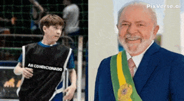 a boy wearing a vest that says ar condicionado next to a man wearing a suit and tie .