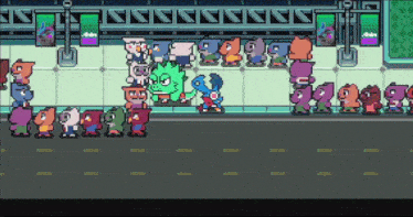 a group of cartoon characters are standing on a street in front of a building