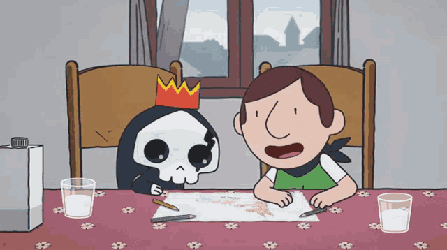 a cartoon of a boy and a skull with a crown