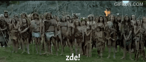 a large group of people are standing in a field and the word zde is on the screen