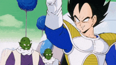 a cartoon character is giving a thumbs up in front of a group of piccolo and vegeta .