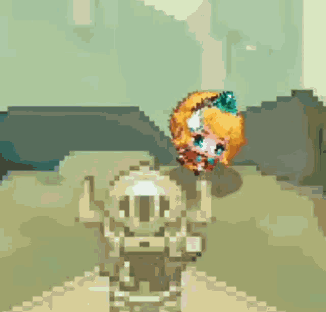 a pixel art of a girl standing next to a statue of a knight .