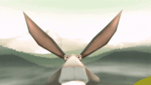 a cartoon donkey with huge ears looks at the camera with mountains in the background