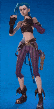 a cartoon character with blue hair and a gun