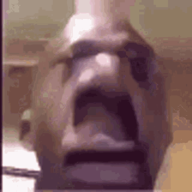 a close up of a person 's face with their mouth open and a bottle in their hand .