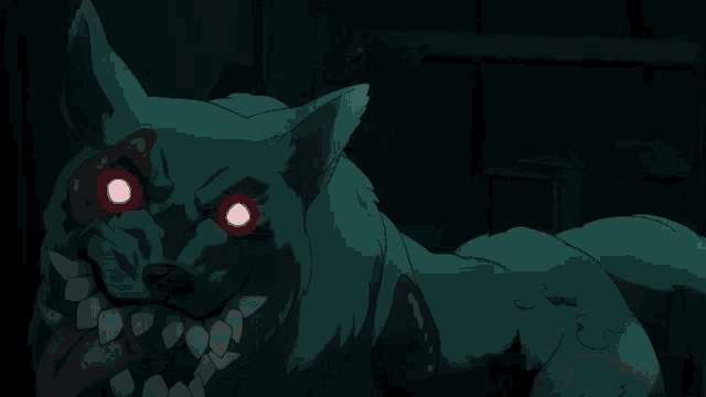 a dog with red eyes is looking at a boy