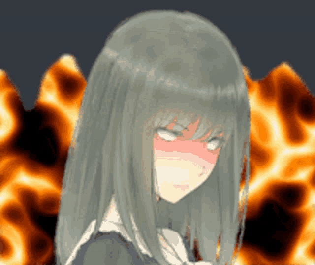 a girl with long hair is making a funny face in front of flames