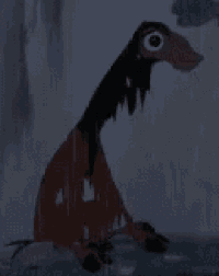 a cartoon character with a very long neck is standing in the water .