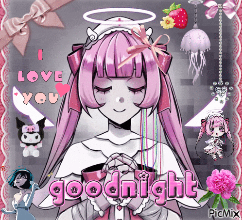 a picture of a girl with pink hair and the words " i love you goodnight "