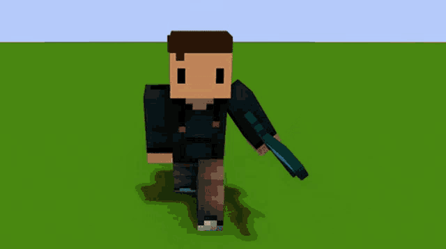 a minecraft character is holding a sword and a brush