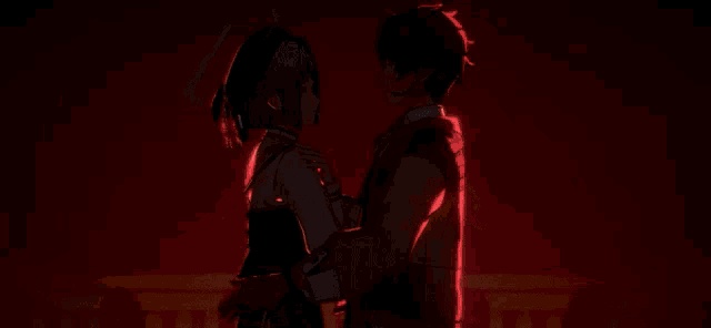 a boy and a girl are standing next to each other and kissing .