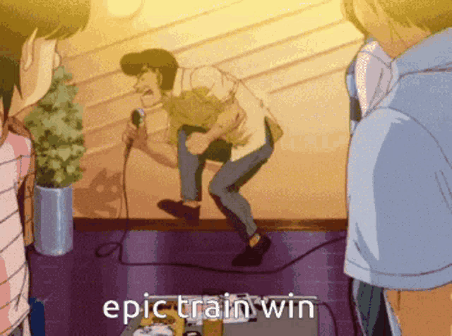 a man singing into a microphone with the words epic train win written below him