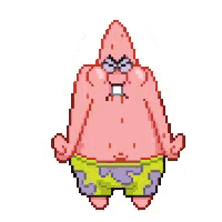patrick star from spongebob squarepants is standing in a pixel art style with his arms outstretched .