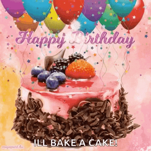 a birthday cake with berries and chocolate shavings is surrounded by balloons .