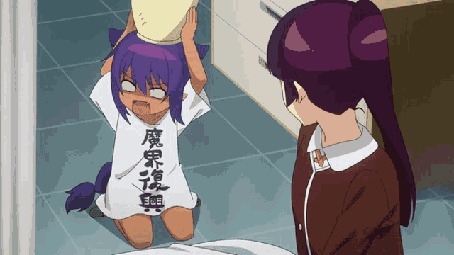 a girl with purple hair is wearing a t-shirt that says ' eoe ' on it