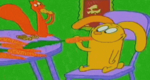 a cartoon rabbit is eating a carrot next to a squirrel on a table