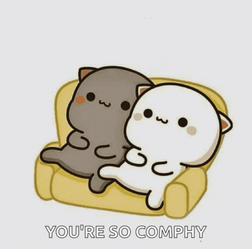 a cartoon of two cats on a couch with the words " you 're so comply " below them