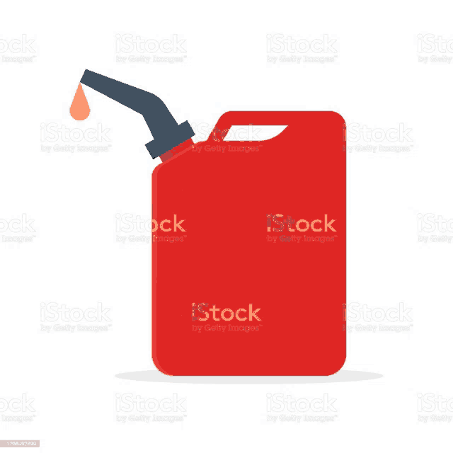 a red gas can with a drop of gas coming out of it .
