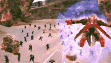 a robot is flying through the air in front of a crowd of people