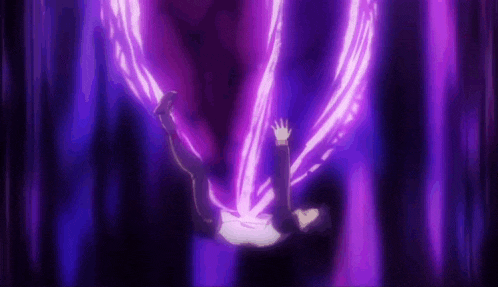 a person is falling down in a dark room with purple lights coming out of it .