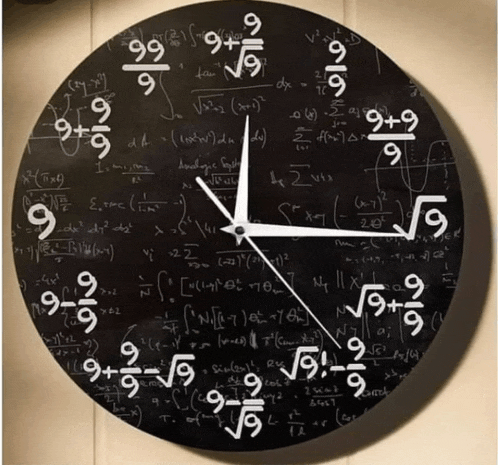 a clock with mathematical equations on it and the number 9 on it