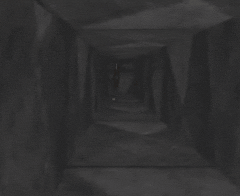 a pixel art of a horse standing in a dark tunnel
