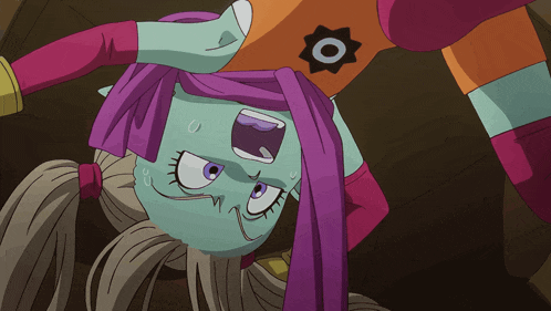 a cartoon character is upside down and has a star on her chest