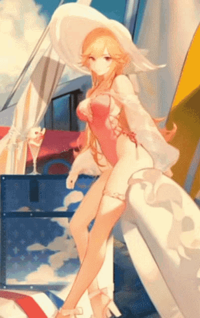 a girl in a pink swimsuit and white hat