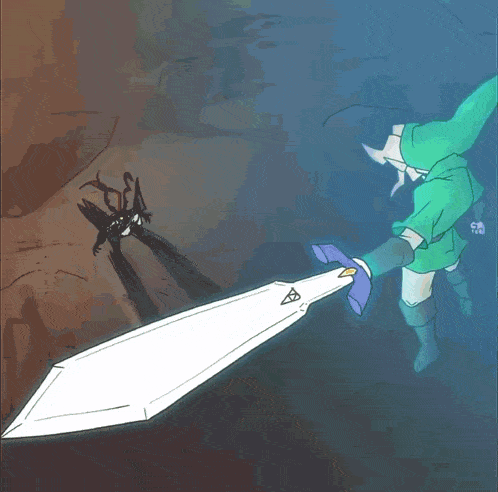 a cartoon drawing of a link holding a sword with a z on it