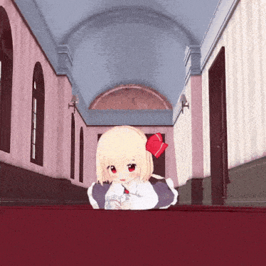 a girl with blonde hair and red eyes is laying on a red carpet in a hallway