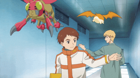 a cartoon drawing of a boy standing next to a bat and a robot