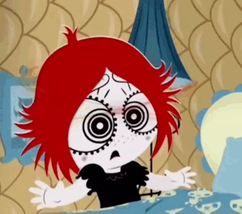 a cartoon girl with red hair is sitting on a bed with her arms outstretched